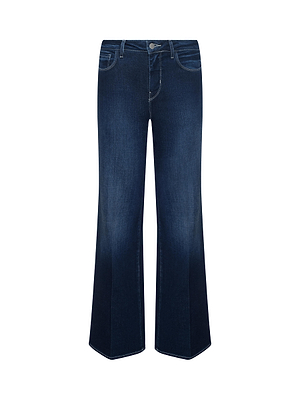 The Alicent Wide-Leg Jean features a dark blue wash, high rise, wide leg fit, front button and zipper closure, front and back pockets, and subtle faded details on the thighs and knees.