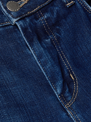 Close-up of L'AGENCE Alicent Wide-Leg Jean in blue stretch denim, featuring a metal button, pocket, golden stitching details, and a high-rise design.