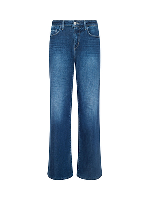 The Alicent Wide-Leg Jean by L'AGENCE is a blue, high-rise pair with button and zipper closure, front and back pockets, and subtle thigh fading, shown on a white background.