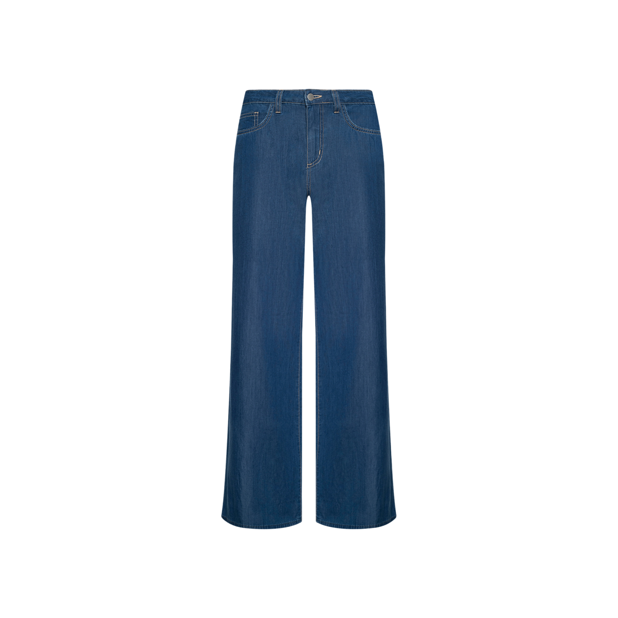 Alicent Wide-Leg Jean in blue, crafted from featherweight denim with a high-rise fit, features a classic five-pocket design and button closure, displayed against a plain white background.