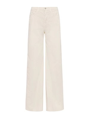 The L'AGENCE Alicent Wide-Leg Jean features a high-rise, wide-leg silhouette in cream stretch denim with front pockets and belt loops, shown against a plain white background.