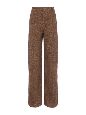 The Livvy Straight-Leg Trouser by L'AGENCE, crafted from Italian recycled wool brown herringbone tweed, is displayed standing upright against a plain white background.