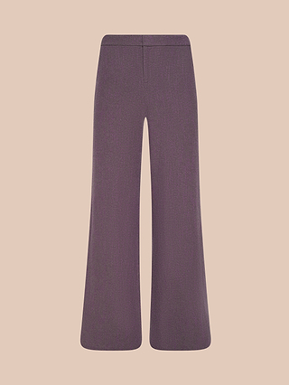 Livvy Straight-Leg Trouser in purple herringbone, featuring a high waist, subtle waistband, and slight texture, displayed on a plain light peach background.