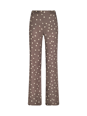 Livvy Straight-Leg Trouser in brown with an all-over white polka dot print, shown on a white background.