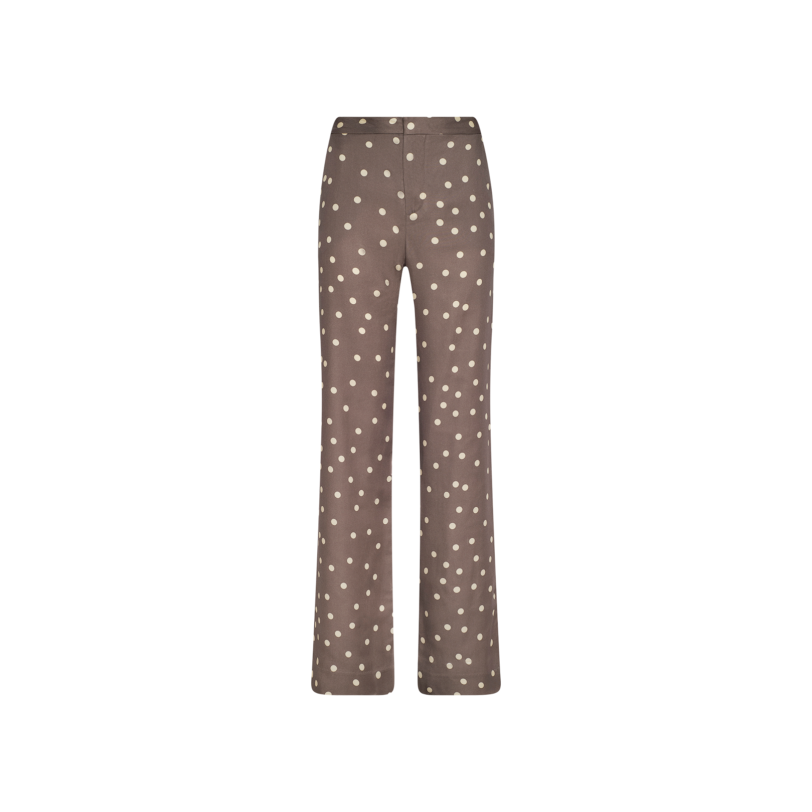 Livvy Straight-Leg Trouser in brown, featuring a high waist and polka dot print, displayed on a plain white background.