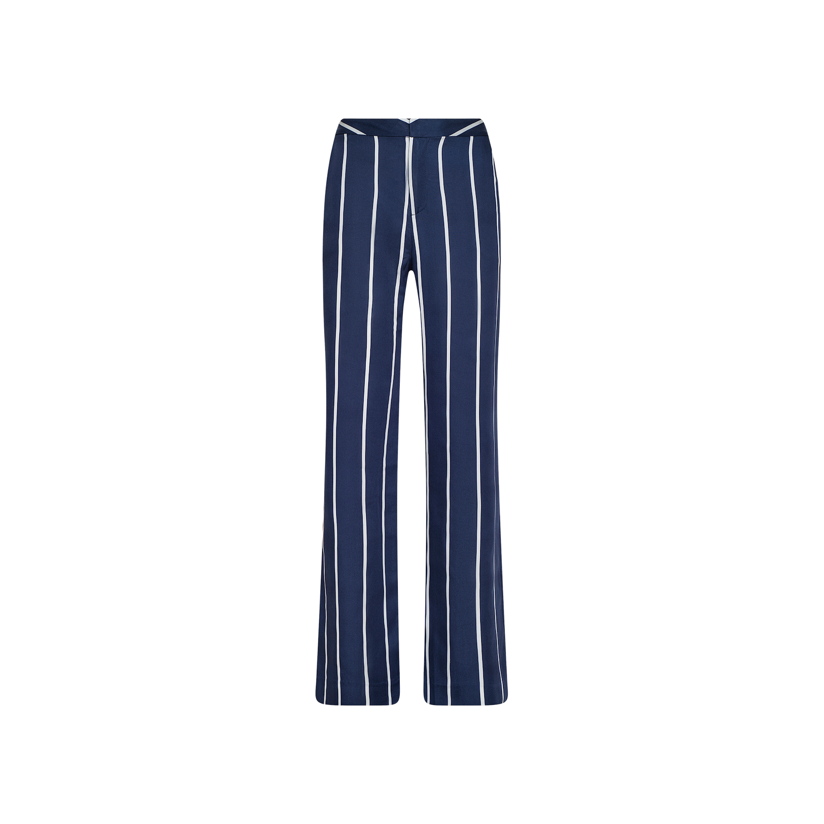 The Livvy Trouser features a chic navy blue design with vertical white pinstripes, crafted from lightweight tencel. With a fitted waist and front zipper, these flared pants perfectly merge comfort and style, as displayed against a plain white background.