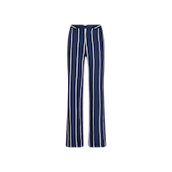 The Livvy Trouser features a navy blue high-rise silhouette with white vertical stripes, flared legs, and a front zipper. Crafted from lightweight tencel fabric, this style is showcased against a plain white background.
