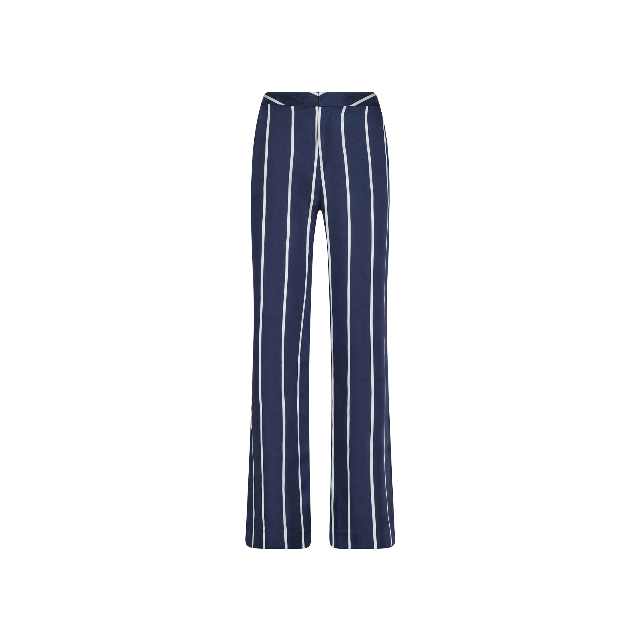 The Livvy Trouser features a navy blue high-rise silhouette with white vertical stripes, flared legs, and a front zipper. Crafted from lightweight tencel fabric, this style is showcased against a plain white background.