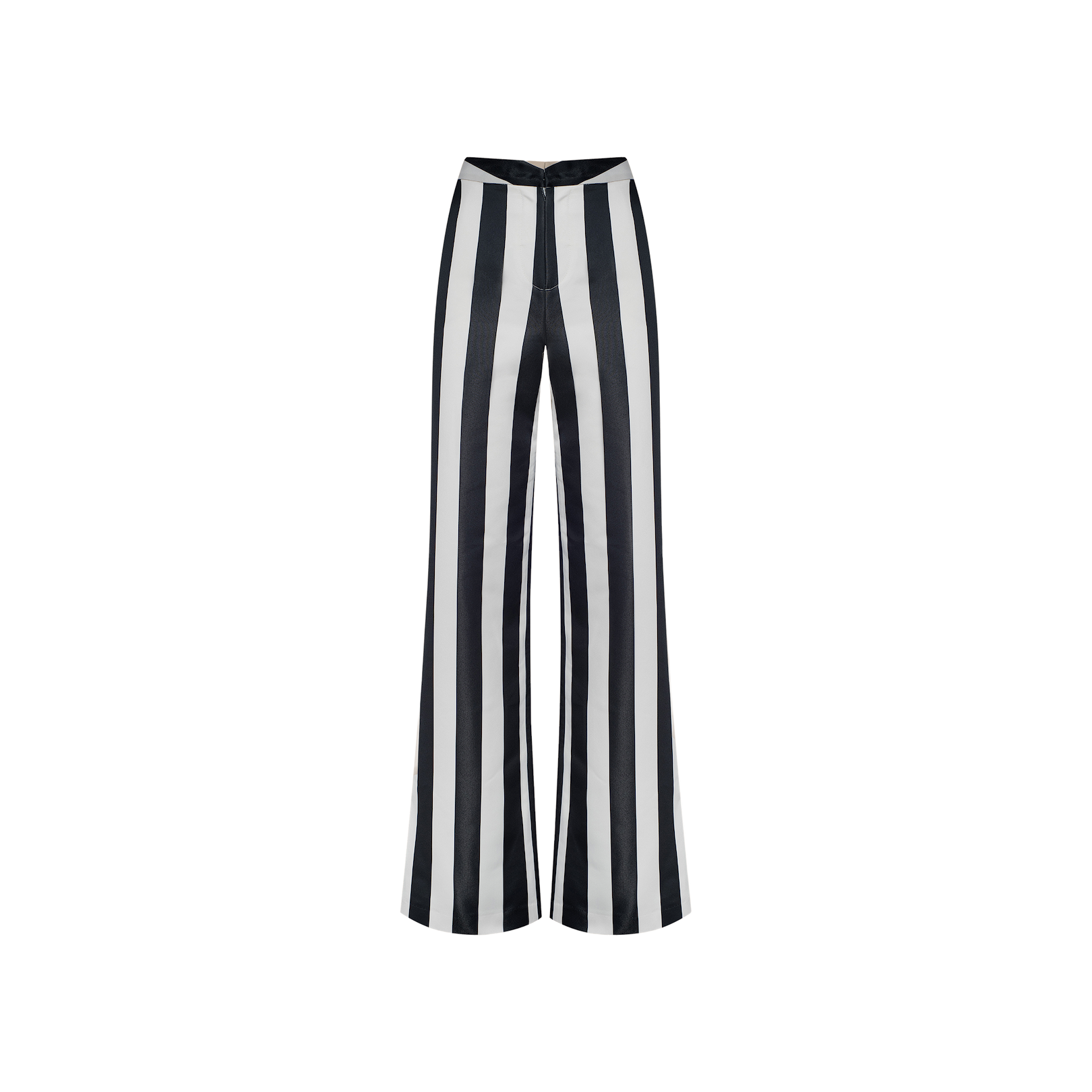 The Livvy Satin Straight-Leg Trouser, featuring bold vertical black and white stripes, is displayed on a plain white background.
