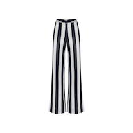 Livvy Satin Straight-Leg Trouser featuring bold vertical black and white stripes, displayed on a plain white background.