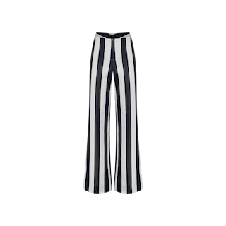 The Livvy Satin Straight-Leg Trouser, featuring bold vertical black and white stripes, is displayed on a plain white background.