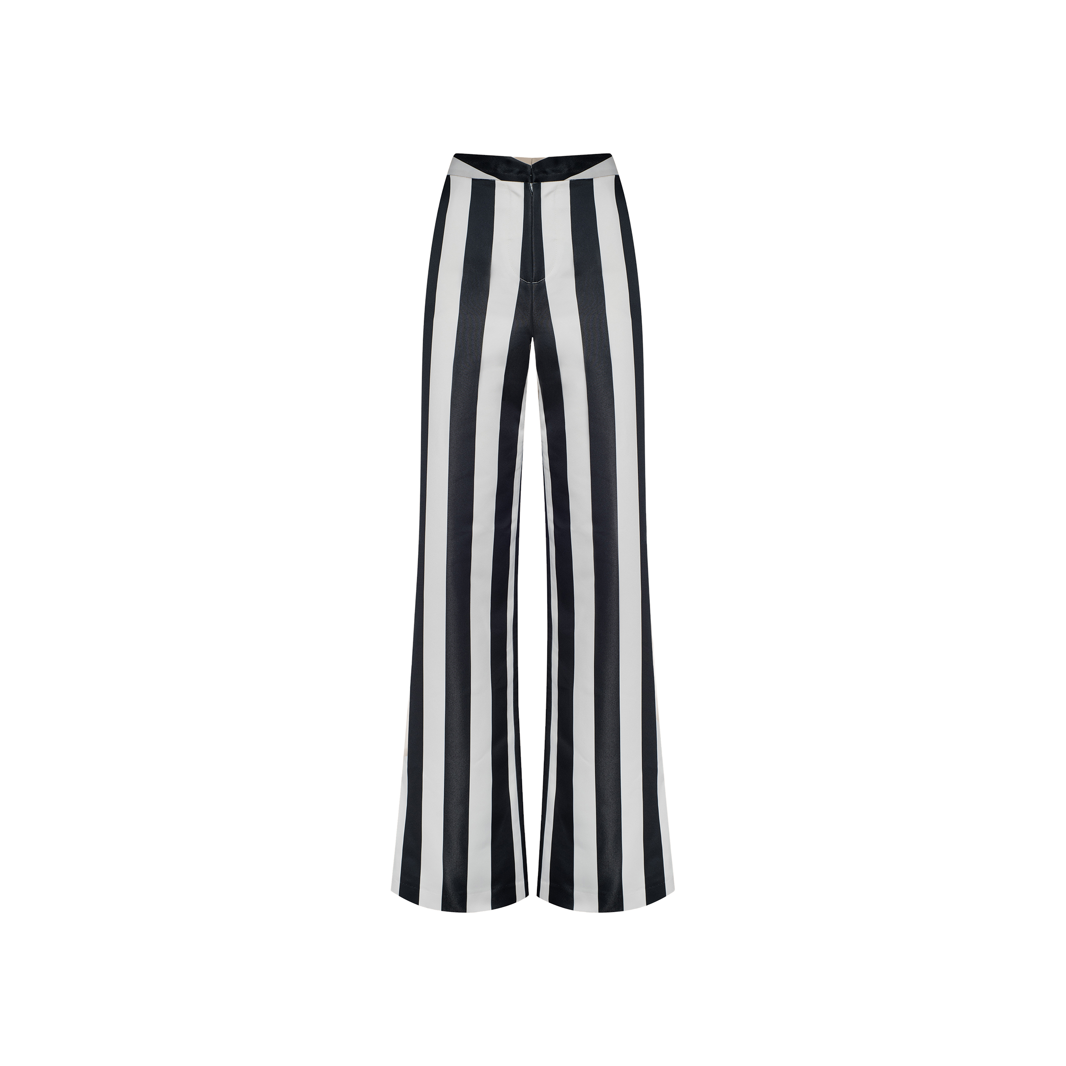 Livvy Satin Straight-Leg Trouser featuring bold vertical black and white stripes, displayed on a plain white background.