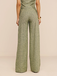 A person stands with their back to the camera, wearing the Livvy Linen-Blend Trouser in olive green with a matching top against a plain white background.