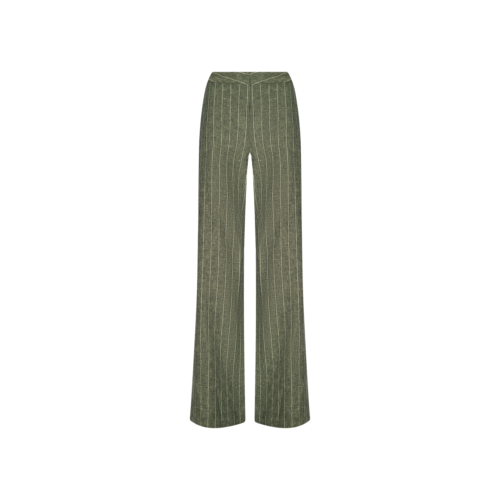 The Livvy Linen-Blend Trouser features a high waist and wide-leg silhouette in olive green with vertical white pinstripes, crafted from a breathable linen blend and shown against a plain white background.