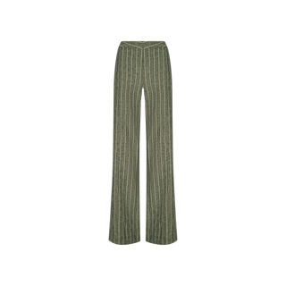 The Livvy Linen-Blend Trouser features a high waist and wide-leg silhouette in olive green with vertical white pinstripes, crafted from a breathable linen blend and shown against a plain white background.