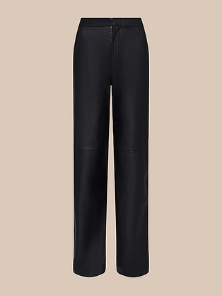 The Livvy Leather Trouser is a black, high-waisted, straight-leg pant crafted from lightweight lambskin leather with a smooth, slightly shiny finish. Displayed against a neutral beige background, these trousers feature a simple, minimalistic design with no visible pockets or embellishments.