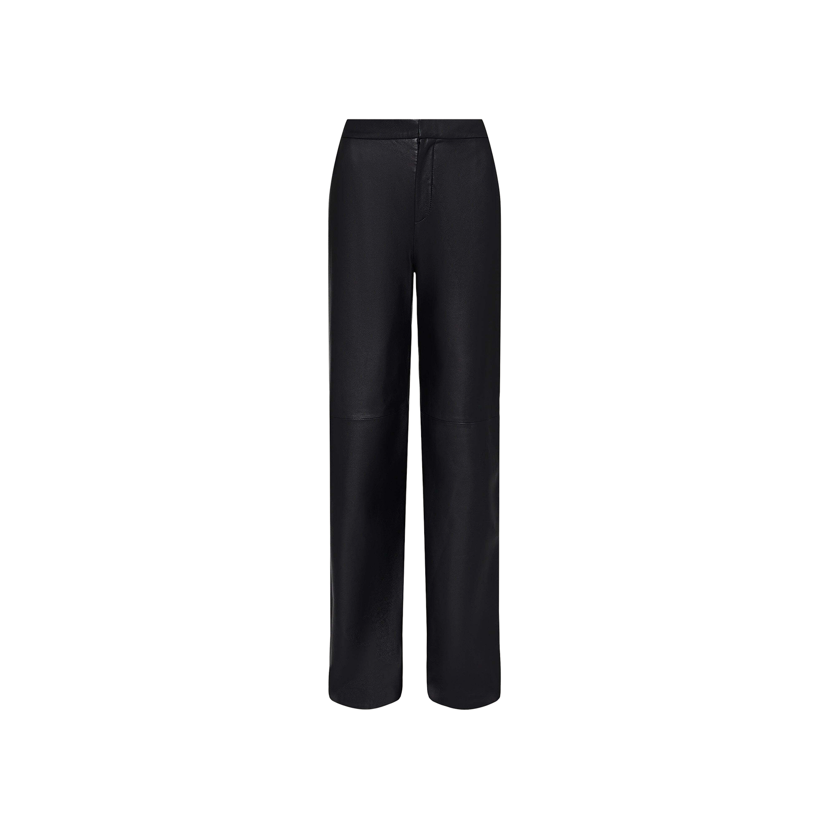 The Livvy Leather Trouser is a black, high-waisted, straight-leg pant crafted from a shiny leather material and shown against a plain white background.