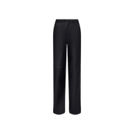 The Livvy Leather Trouser is a black, high-waisted, straight-leg pant crafted from lightweight lambskin leather with a smooth finish. Displayed on a plain white background, these trousers showcase a minimal design with no visible pockets or embellishments.