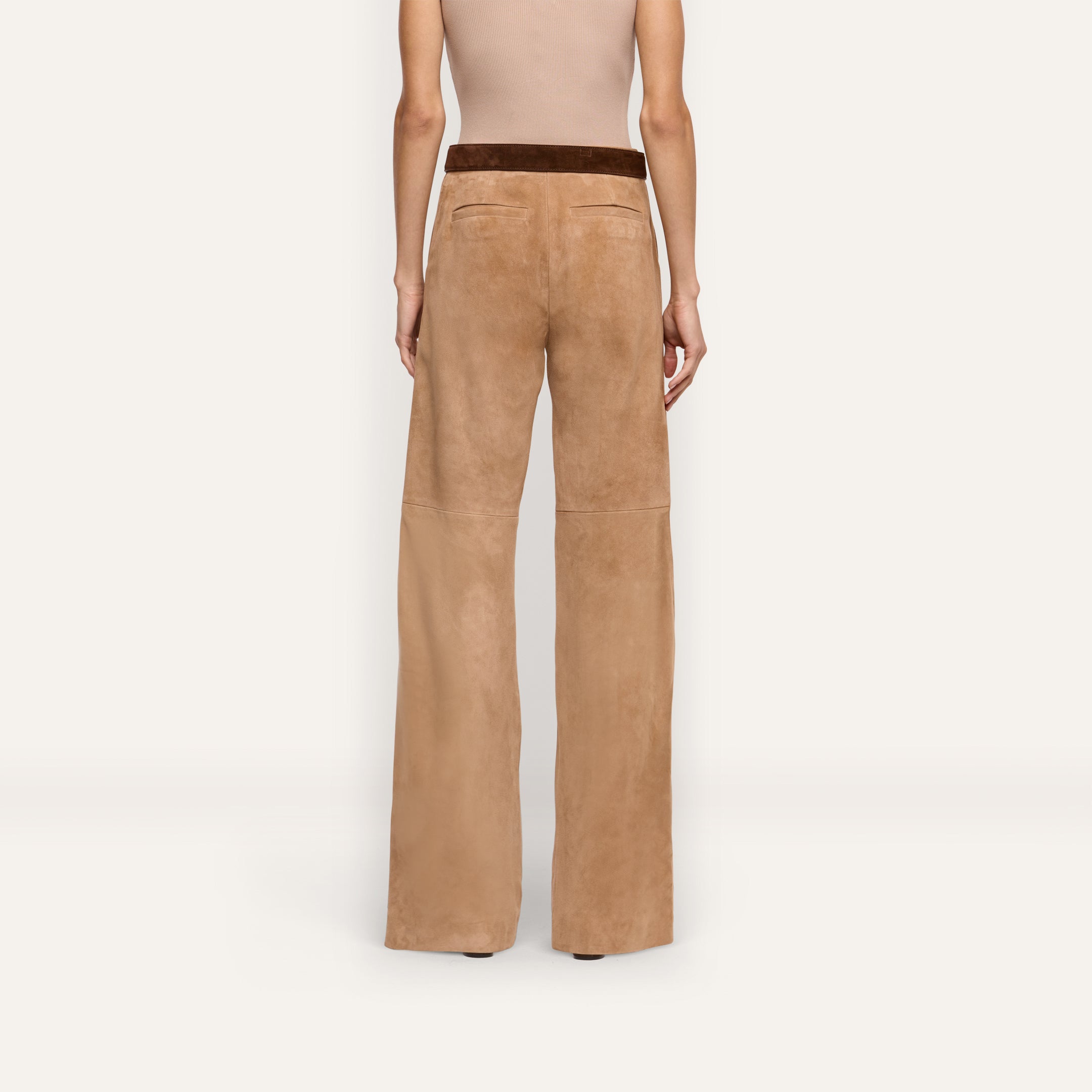 Back view of Livvy Suede Straight-Leg Trouser in tan, featuring a high-rise fit, dark brown waistband, and straight-leg silhouette.