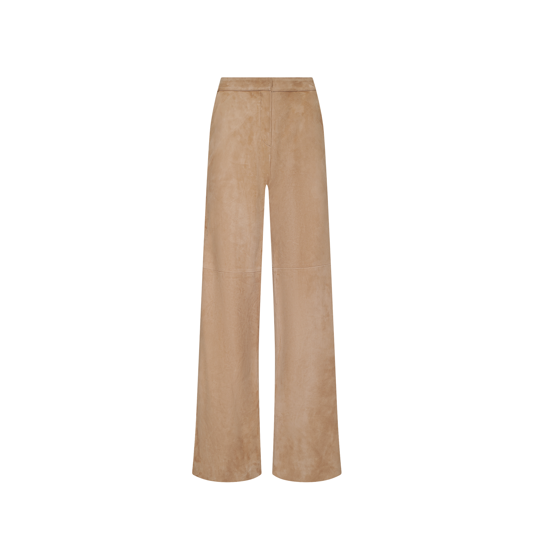 Livvy Suede Straight-Leg Trouser in tan featuring a high-rise, straight-leg cut with a waistband and front seam detailing for a business casual look.