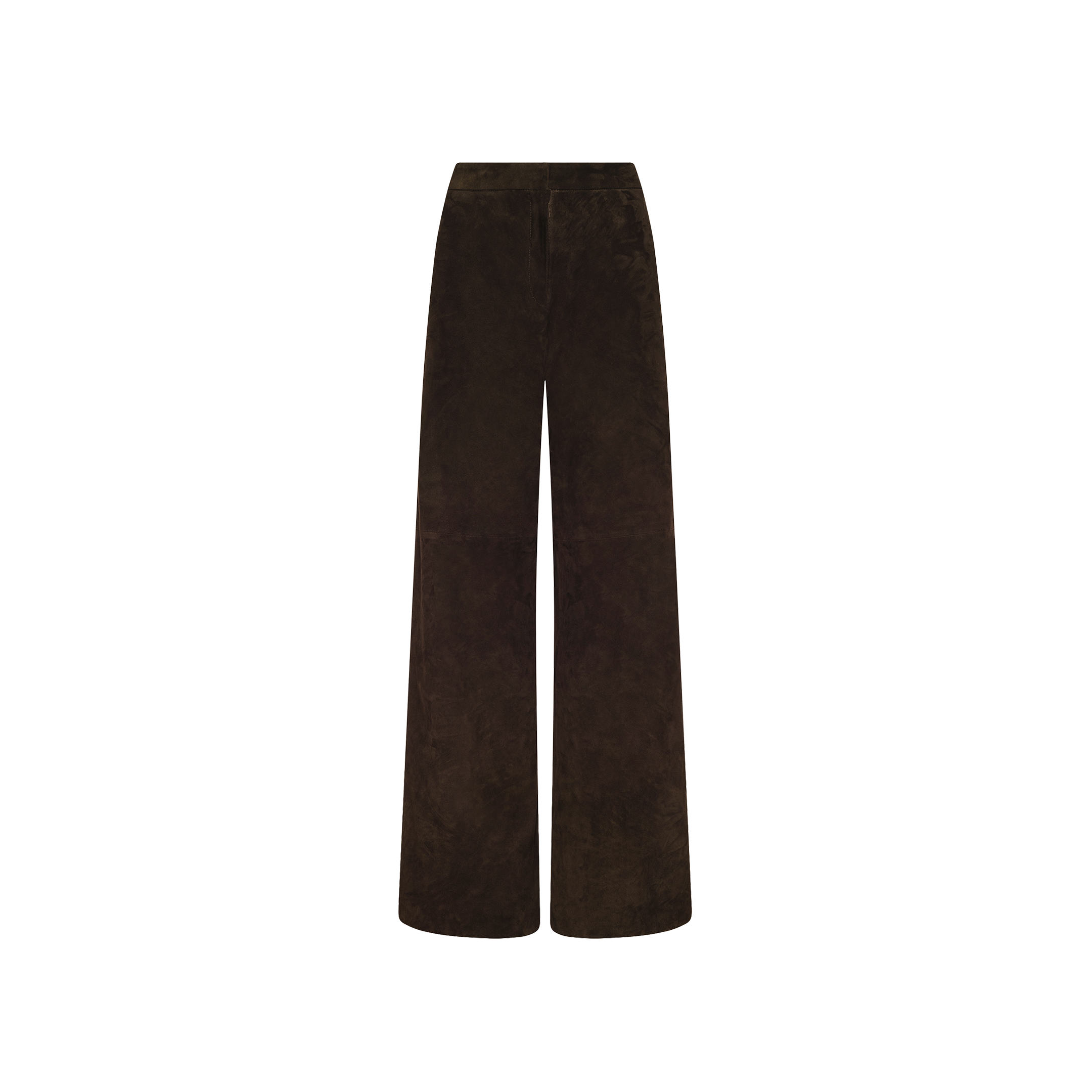 The Livvy Suede Trouser, a wide-leg, high-rise pant in dark brown suede ideal for Fall 2026 fashion, is showcased against a plain white background.