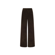 The Livvy Suede Trouser, a wide-leg, high-rise pant in dark brown suede ideal for Fall 2026 fashion, is showcased against a plain white background.