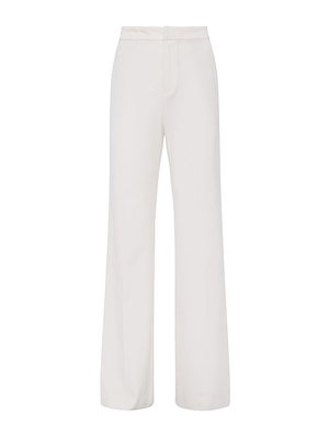 The Livvy Trouser is a white, high-rise, wide-leg pant featuring a smooth front waistband and concealed closure, shown against a plain white background.