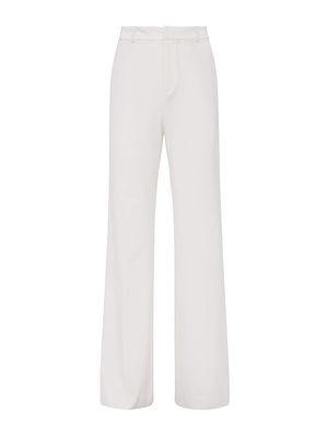 The Livvy Trouser is a high-rise, wide-leg white pant featuring a concealed front closure and belt loops, shown on a plain white background.