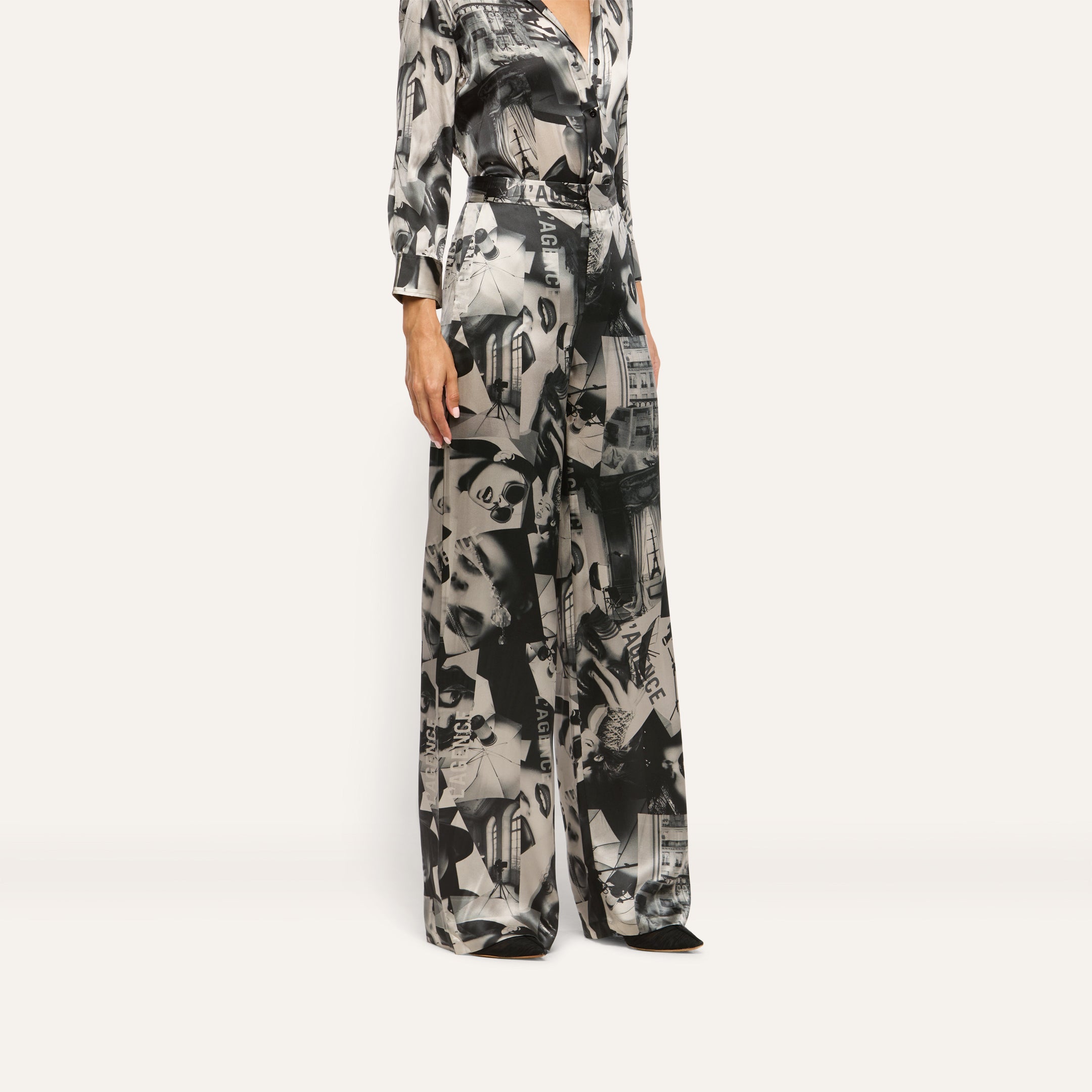 Livvy Silk Straight-Leg Trouser in a black and white magazine print.