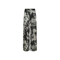 Livvy Silk Straight-Leg Trouser in 100 silk featuring a black-and-white magazine print of the Eiffel Tower, faces, and text.