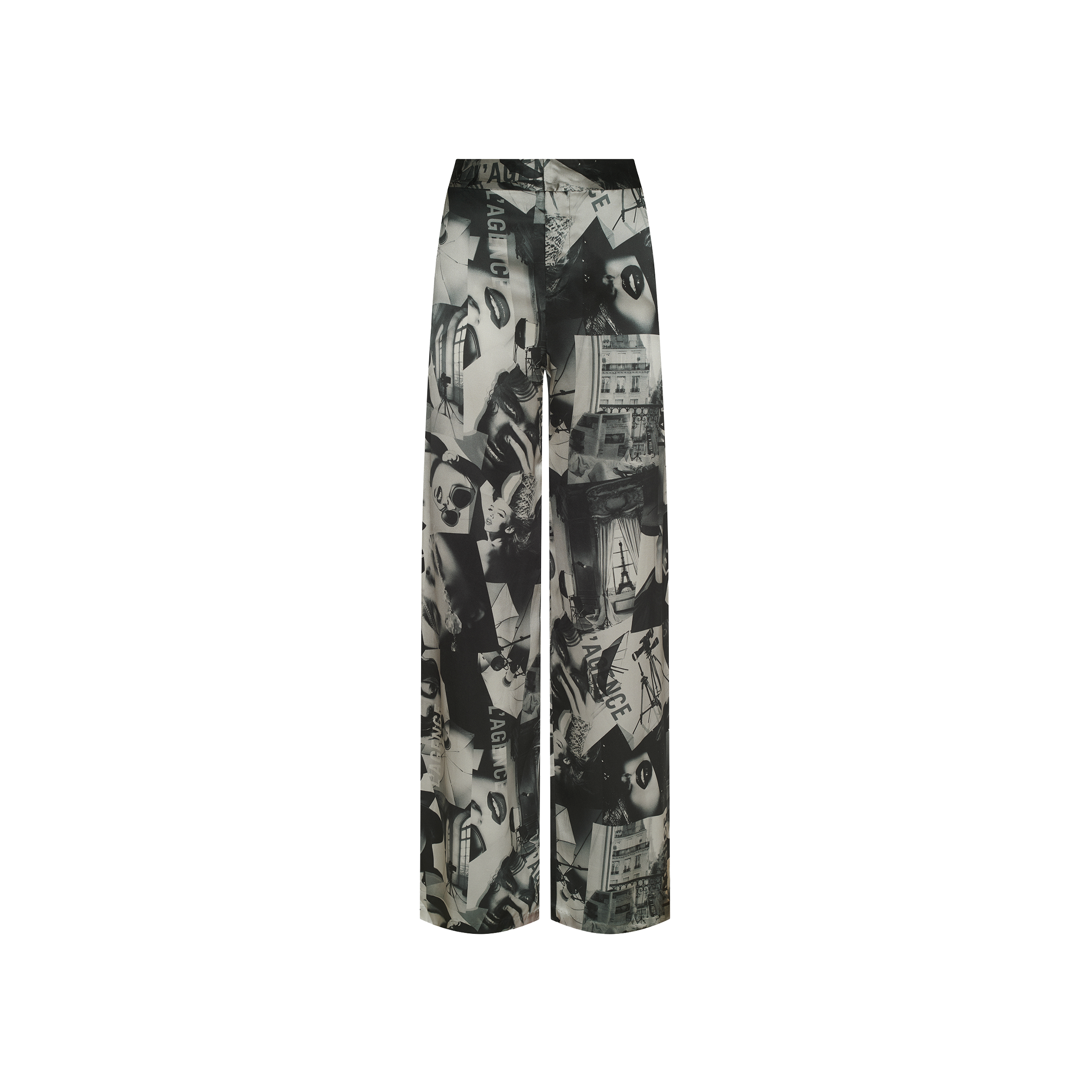 Livvy Silk Straight-Leg Trouser in 100 silk featuring a black-and-white magazine print of the Eiffel Tower, faces, and text.