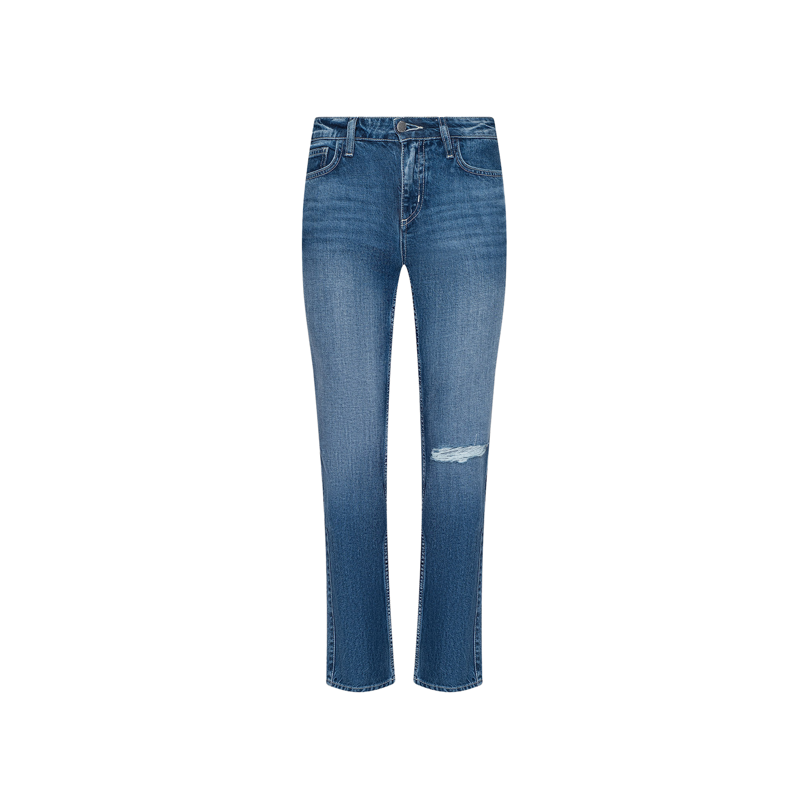 Nevia Slouchy Straight-Leg Jean in blue denim with a medium-dark wash, designed with a slim fit and a distressed rip on the right knee, featuring front and back pockets and a button-and-zip closure, displayed on a plain white background.