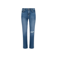 The Nevia Slouchy Straight-Leg Jean is a pair of blue jeans made from all-cotton denim, featuring a high waist, classic five-pocket styling, and a rip on the right knee, shown against a plain white background.