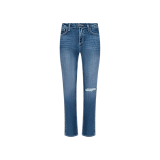 Nevia Slouchy Straight-Leg Jean in blue denim with a medium-dark wash, designed with a slim fit and a distressed rip on the right knee, featuring front and back pockets and a button-and-zip closure, displayed on a plain white background.