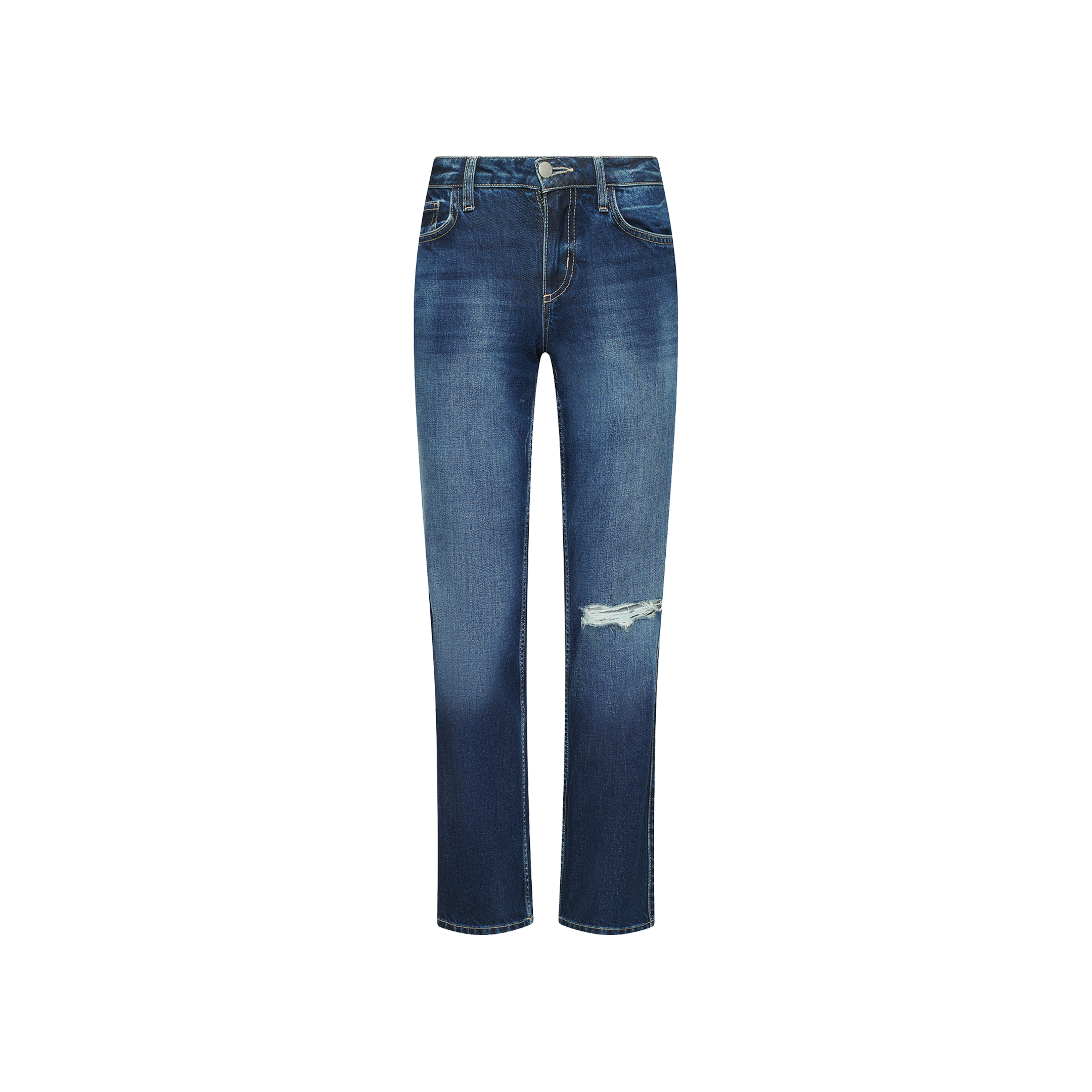 Nevia Slouchy Straight-Leg Jean in dark blue, featuring a vintage-inspired straight-leg fit and a distressed knee hole.