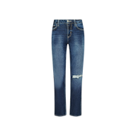 Nevia Slouchy Straight-Leg Jean in dark blue, featuring a vintage-inspired straight-leg fit and a distressed knee hole.