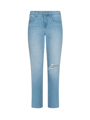 The Nevia Slouchy Straight-Leg Jean features a light blue wash, high waist, slim fit, and vintage-inspired rip above the right knee. With classic pockets, belt loops, and button-zipper closure for a timeless denim look.