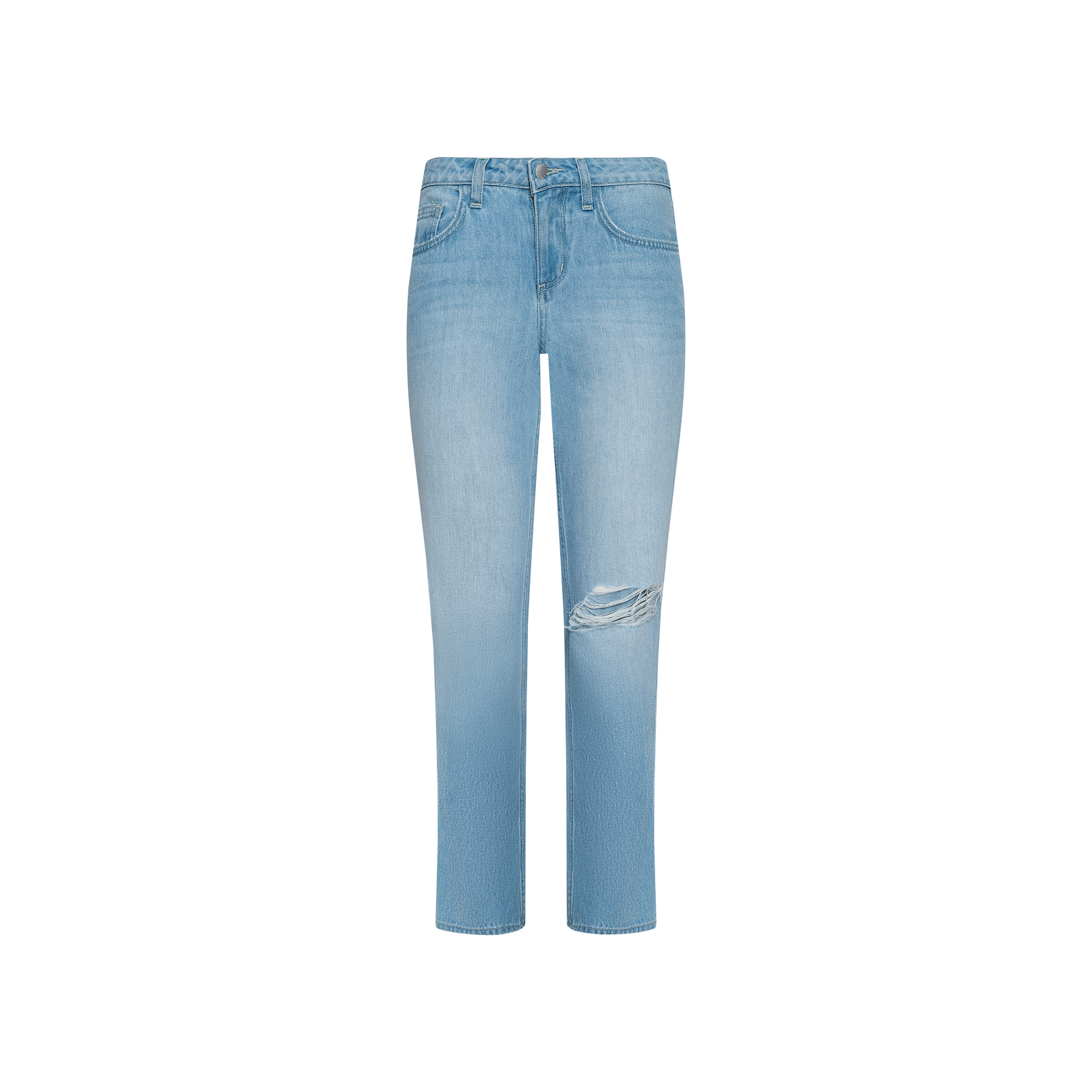 Introducing the Nevia Slouchy Straight-Leg Jean: crafted in a light wash with vintage-inspired details, this straight-leg denim features a subtle ripped accent on the right thigh, classic front and back pockets, and a secure button and zipper closure. Shown against a plain white background, these jeans are your ultimate go-to for effortless off-duty style.
