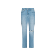 Introducing the Nevia Slouchy Straight-Leg Jean: crafted in a light wash with vintage-inspired details, this straight-leg denim features a subtle ripped accent on the right thigh, classic front and back pockets, and a secure button and zipper closure. Shown against a plain white background, these jeans are your ultimate go-to for effortless off-duty style.