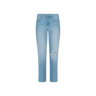 Introducing the Nevia Slouchy Straight-Leg Jean: crafted in a light wash with vintage-inspired details, this straight-leg denim features a subtle ripped accent on the right thigh, classic front and back pockets, and a secure button and zipper closure. Shown against a plain white background, these jeans are your ultimate go-to for effortless off-duty style.