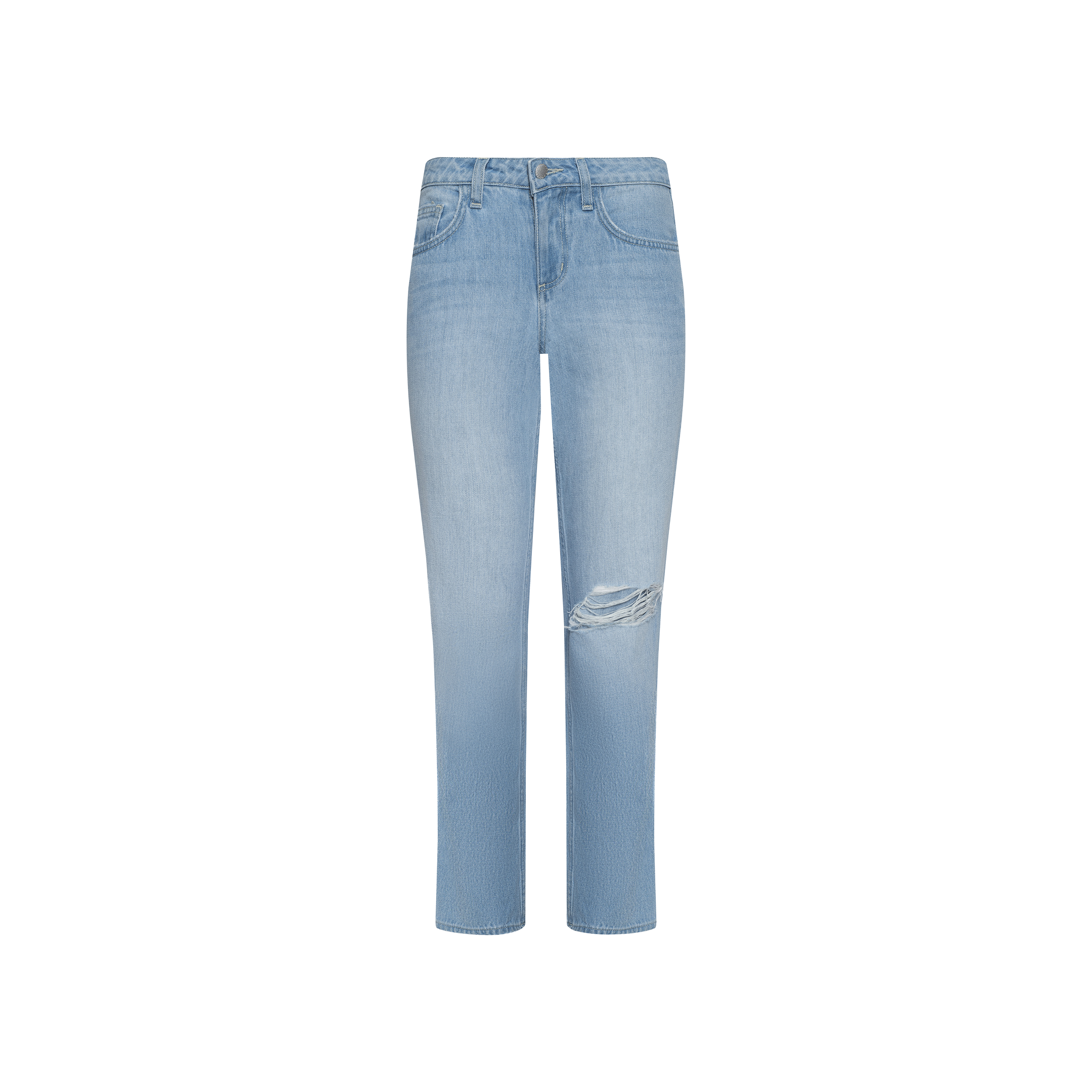 Introducing the Nevia Slouchy Straight-Leg Jean: crafted in a light wash with vintage-inspired details, this straight-leg denim features a subtle ripped accent on the right thigh, classic front and back pockets, and a secure button and zipper closure. Shown against a plain white background, these jeans are your ultimate go-to for effortless off-duty style.
