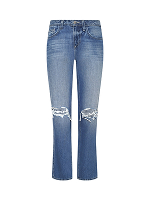 The Nevia Slouchy Straight-Leg Jean by L'AGENCE features vintage-inspired blue-wash denim with distressed knee rips, shown against a white background.