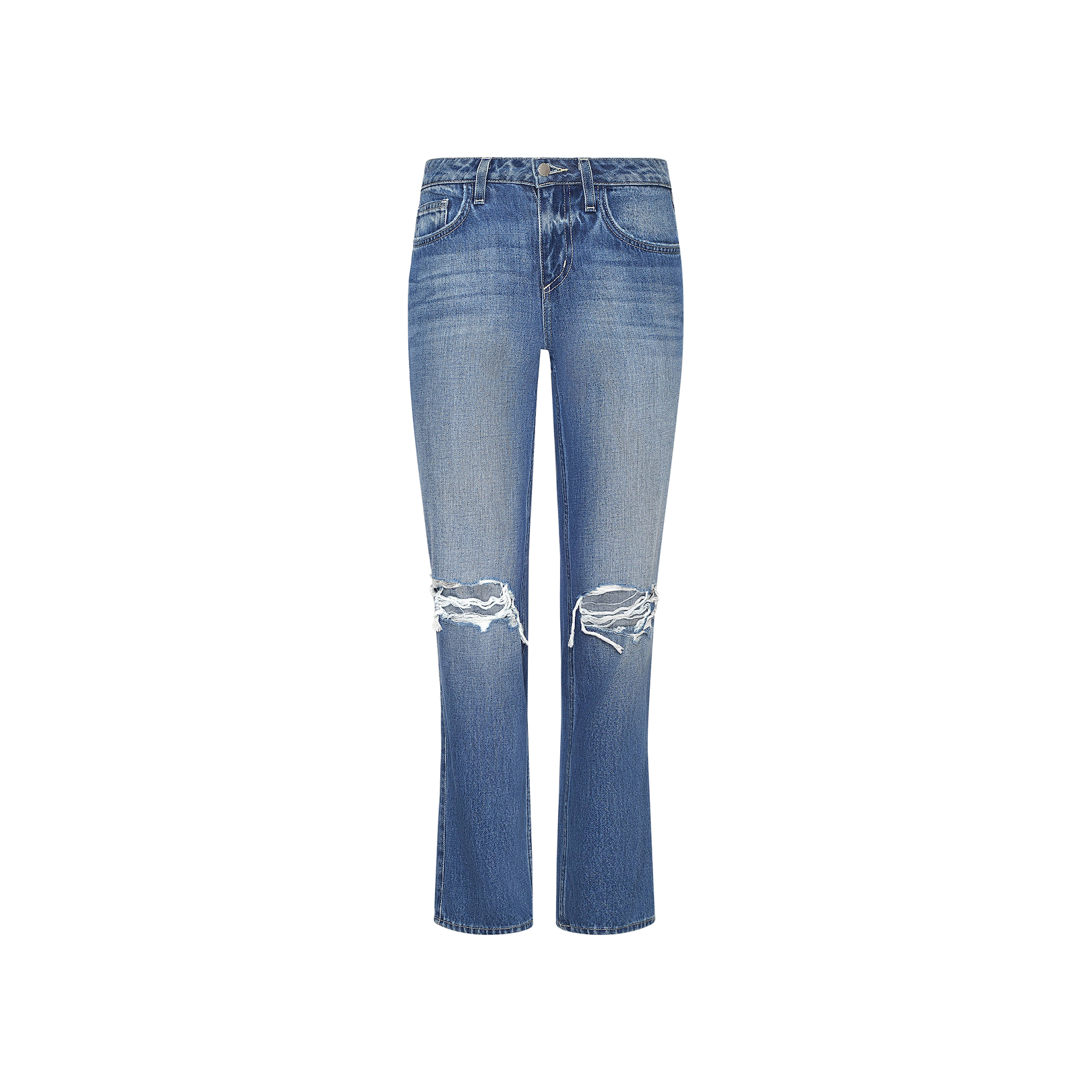 Front view of the Nevia Slouchy Straight-Leg Jean in a blue wash with distressed, ripped knees and a faded wash effect. These vintage-inspired denim jeans showcase a classic five-pocket design and straight-leg silhouette, displayed against a plain white background.