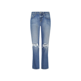 Front view of the Nevia Slouchy Straight-Leg Jean in a blue wash with distressed, ripped knees and a faded wash effect. These vintage-inspired denim jeans showcase a classic five-pocket design and straight-leg silhouette, displayed against a plain white background.
