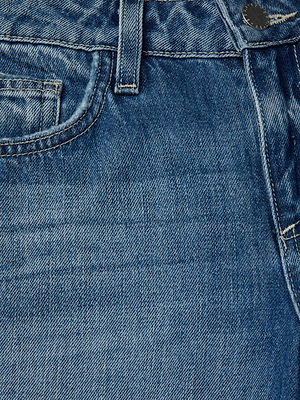 Close-up of the L'AGENCE Nevia Slouchy Straight-Leg Jean in blue-wash denim, featuring a visible waistband, belt loop, front pocket, and metal button with clear fabric texture and vintage-inspired stitching details.