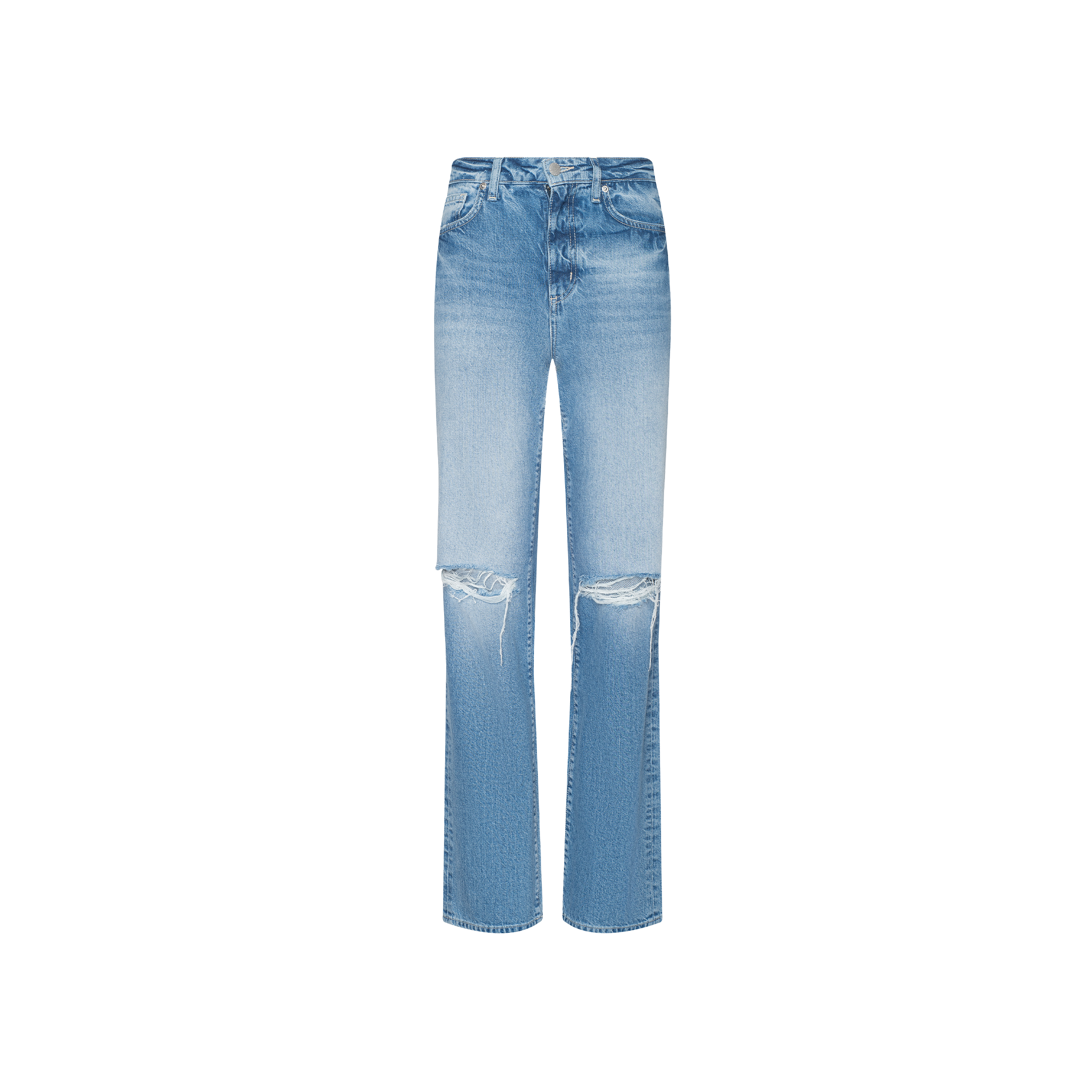 The Jones Stovepipe Jean is a light blue, high-waisted style with a straight leg and distressed rips above the knees, showcased in a Spring 2027-inspired Paris Fashion Week presentation.
