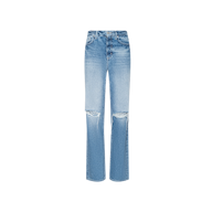 The Jones Stovepipe Jean is a light blue, high-waisted style with a straight leg and distressed rips above the knees, showcased in a Spring 2027-inspired Paris Fashion Week presentation.