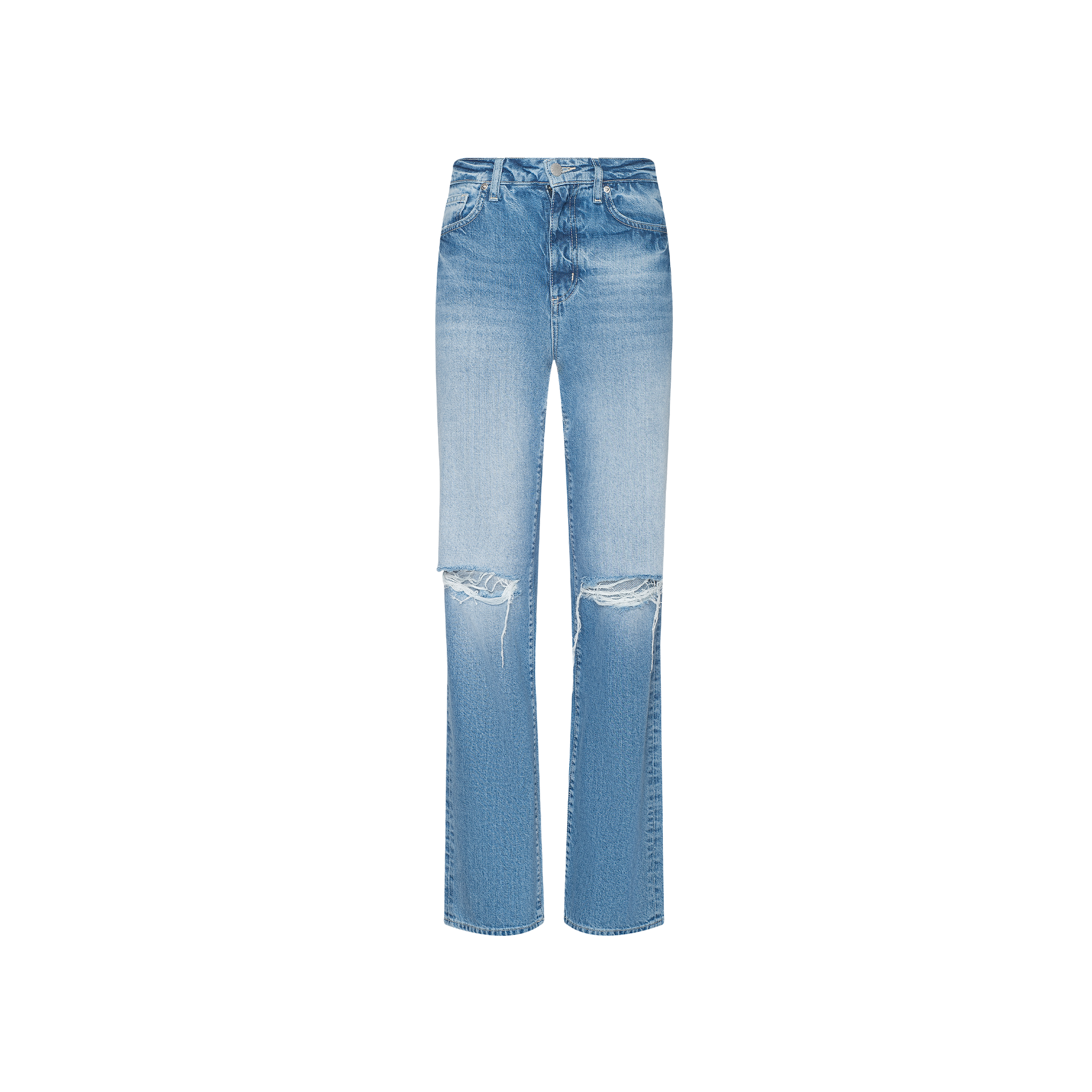 The Jones Stovepipe Jean is a light blue, high-waisted style with a straight leg and distressed rips above the knees, showcased in a Spring 2027-inspired Paris Fashion Week presentation.