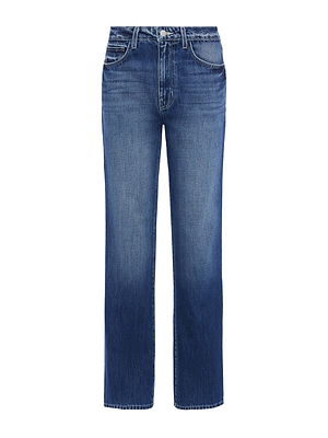 The Jones Stovepipe Jean by L'AGENCE is a classic blue high-rise straight leg, all-cotton denim with a medium wash, subtle thigh fading, front and back pockets, and a button-zipper closure.