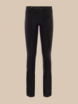 The Sneeki Coated Straight-Leg Jean in black, featuring a slim fit, displayed against a plain beige background.